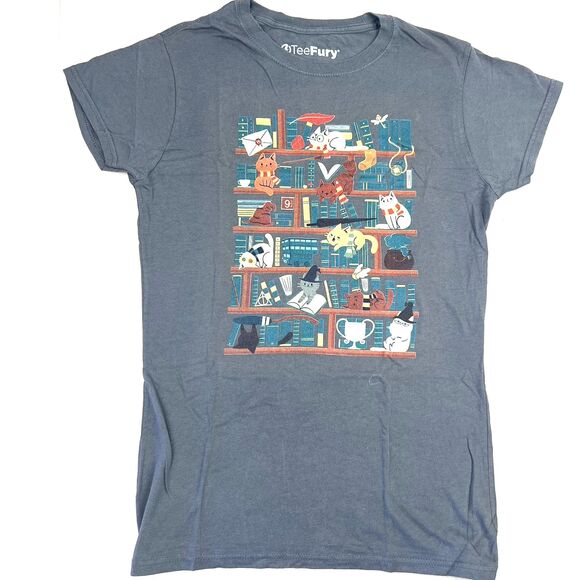 TeeFury Tops - Tee Fury Womens T-Shirt Size S Harry Potter Cats on Bookshelf Gray